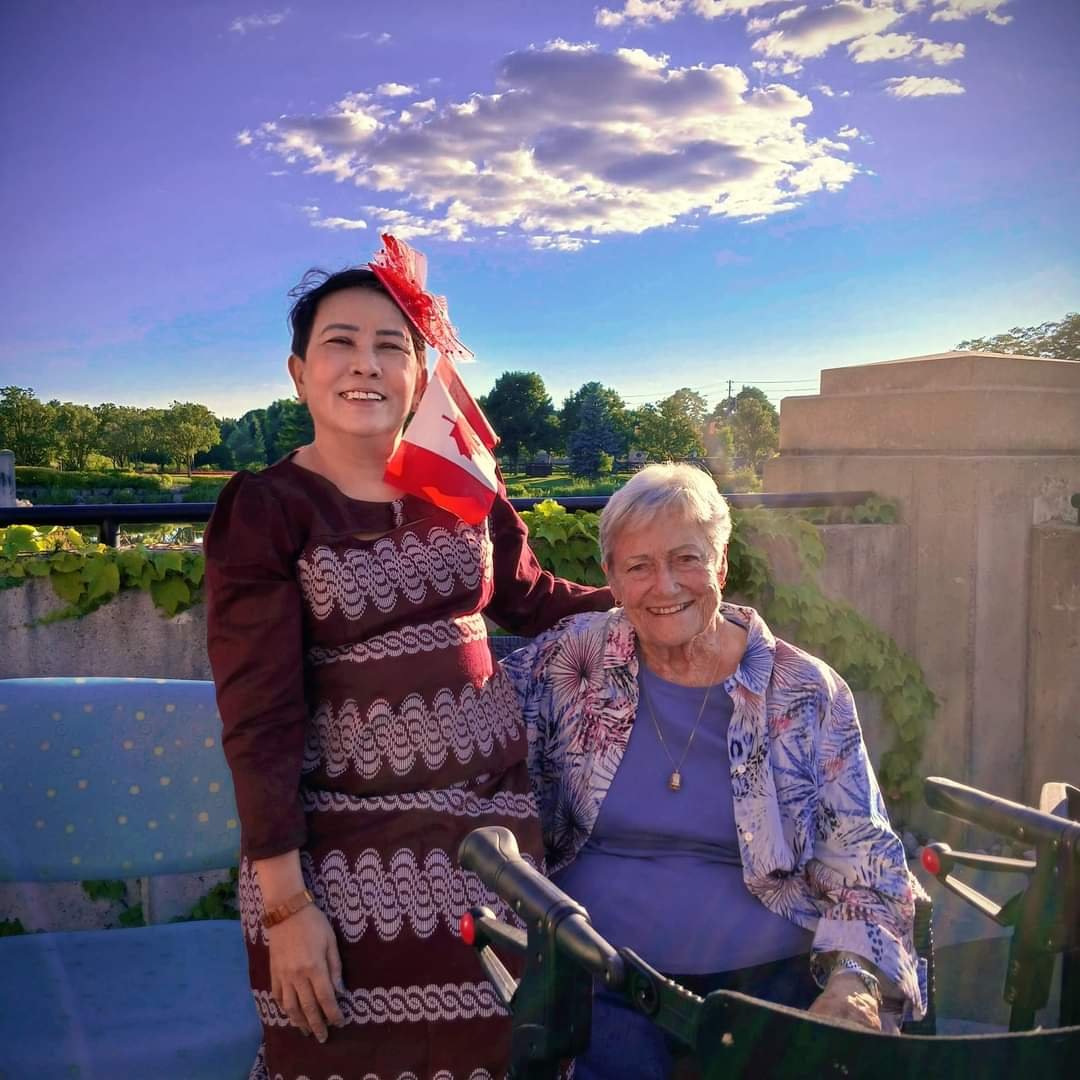 Soe, pictured left, on her first day in Canada